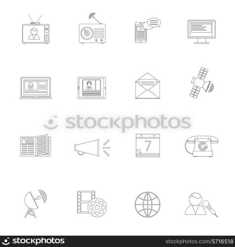 Media communication icons outline set of television internet technology network isolated vector illustration.