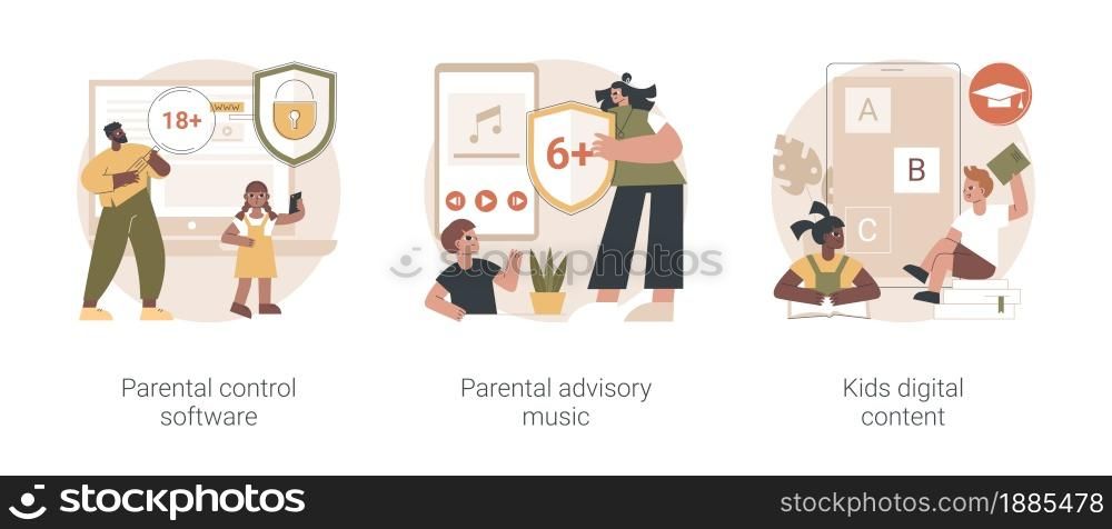 Media content limitation technology abstract concept vector illustration set. Parental control software, parental advisory music, kids digital content, warning label, access abstract metaphor.. Media content limitation technology abstract concept vector illustrations.