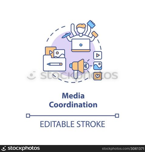 Media coordination concept icon. Social media event coverage idea thin line illustration. Multitasking. Marketing strategy management. Vector isolated outline RGB color drawing. Editable stroke. Media coordination concept icon