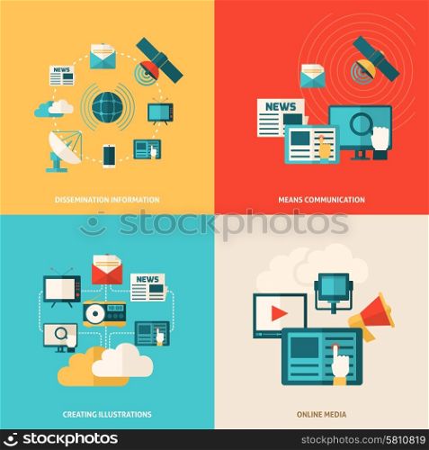Media design concept set with social online information flat icons isolated vector illustration. Flat Media Set