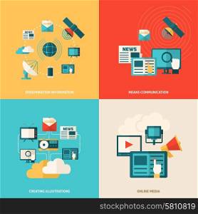 Media design concept set with social online information flat icons isolated vector illustration. Flat Media Set