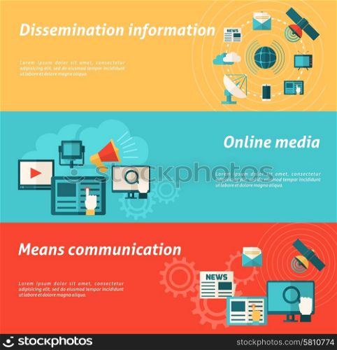 Media horizontal banner set with online communication and information elements isolated vector illustration. Media Banner Set