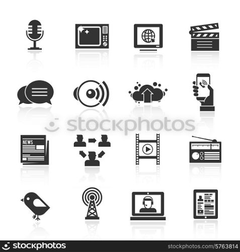 Media icons black set with microphone tv computer film isolated vector illustration. Media Icons Set
