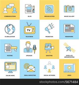 Media icons line flat of communications blog broadcasting isolated vector illustration