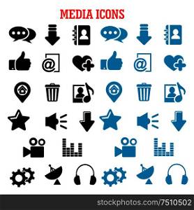 Media icons with chat speech bubbles mail load arrow map pin home page star heart video contact playlist trash gear headpones antenna. Social media black and blue flat icons set