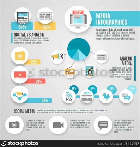Media Infographic Set. Media infographic set with digital analog and social media symbols flat vector illustration