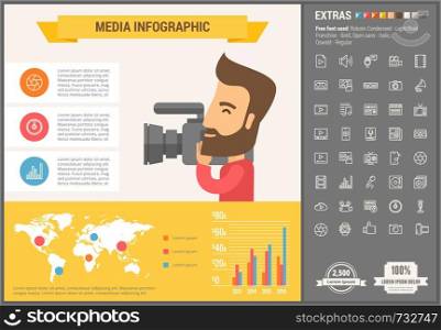 Media infographic template and elements. The template includes illustrations of hipster men and huge awesome set of thin line icons. Modern minimalistic flat vector design.. Media flat design Infographic Template