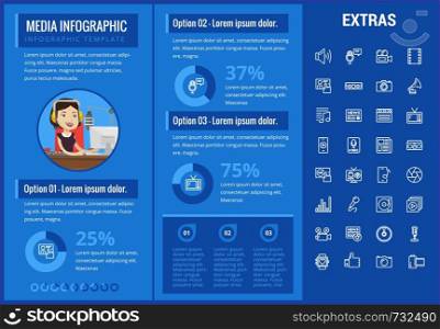 Media infographic template, elements and icons. Infograph includes customizable graphs, charts, line icon set with social media, user profile, broadcast media, music record, telecommunication etc.. Media infographic template, elements and icons.