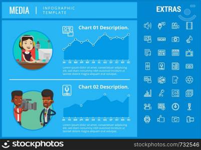 Media infographic template, elements and icons. Infograph includes customizable graphs, charts, line icon set with social media, user profile, broadcast media, music record, telecommunication etc.. Media infographic template, elements and icons.