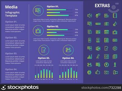 Media infographic template, elements and icons. Infograph includes customizable graphs, four options, line icon set with social media, user profile, broadcast media, record, telecommunication etc.. Media infographic template, elements and icons.