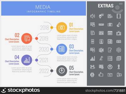 Media infographic timeline template, elements and icons. Infograph includes numbered options with years, line icon set with user profile, tv broadcast, music note, press media, mic, vinyl record etc.. Media infographic template, elements and icons.