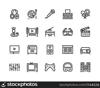 Media line icons. Technology and multimedia devices, filmmaking editing and watching, playing and listening to music. Vector set musical icon with microphone, headphones, piano, camera, radio. Media line icons. Technology and multimedia devices, filmmaking editing and watching, playing and listening to music. Vector set