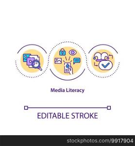 Media literacy concept icon. Information technology. Online content smart consumption. Journalism idea thin line illustration. Vector isolated outline RGB color drawing. Editable stroke. Media literacy concept icon