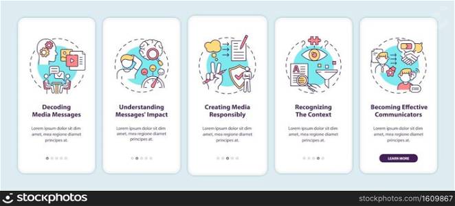 Media literacy elements onboarding mobile app page screen with concepts. Decoding messages, responsibility walkthrough 5 steps graphic instructions. UI vector template with RGB color illustrations. Media literacy elements onboarding mobile app page screen with concepts
