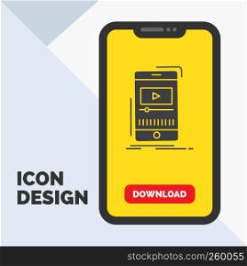 media, music, player, video, mobile Glyph Icon in Mobile for Download Page. Yellow Background