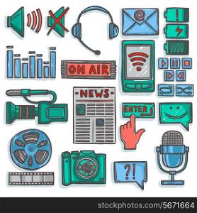 Media network communication technology advertising color sketch icons set isolated vector illustration