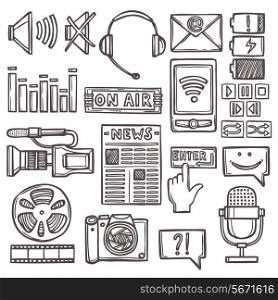 Media network communication technology sketch icons set isolated vector illustration