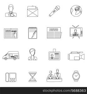 Media news icons outline set with speaker posting shooting report isolated vector illustration
