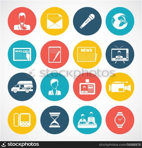 Media news icons set with television internet broadcasting technology isolated vector illustration