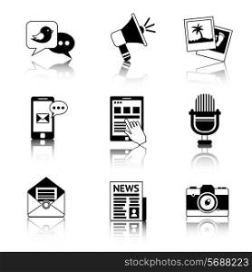 Media news social communication black and white icons set with newspaper mail envelope microphone isolated vector illustration