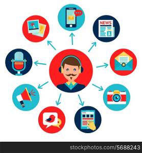 Media news social communication flat icons set composition with newscaster avatar vector illustration