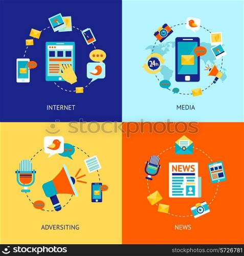 Media news social communication flat icons set with internet advertising isolated vector illustration