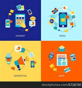 Media news social communication flat icons set with internet advertising isolated vector illustration