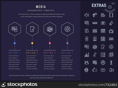Media options infographic template, elements and icons. Infograph includes line icon set with global social media, user profile, tv broadcast, music note, microphone, vinyl record, video camera etc.. Media infographic template, elements and icons.