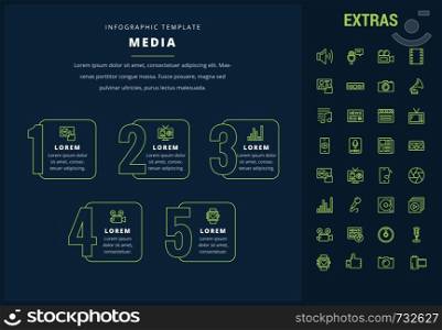 Media options infographic template, elements and icons. Infograph includes line icon set with global social media, user profile, tv broadcast, music note, microphone, vinyl record, video camera etc.. Media infographic template, elements and icons.