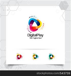 Media play logo design vector with concept of colorful play music icon for studio, application, and multimedia.