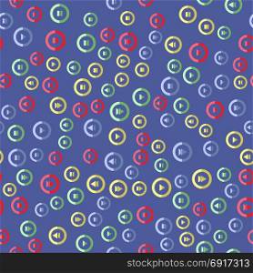 Media player colorful button seamless pattern on blue background. Media player colorful button seamless pattern