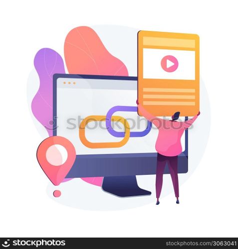 Media player, software, computer application. Geolocation app, location determination function. Male implementor, programmer cartoon character. Vector isolated concept metaphor illustration.. Media player vector concept metaphor.