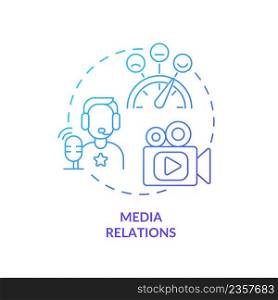 Media relations blue gradient concept icon. Presentation of organization mission. PR service abstract idea thin line illustration. Isolated outline drawing. Myriad Pro-Bold font used. Media relations blue gradient concept icon