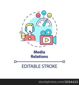 Media relations concept icon. Promoting organization mission. PR service abstract idea thin line illustration. Isolated outline drawing. Editable stroke. Arial, Myriad Pro-Bold fonts used. Media relations concept icon