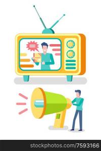 Media resource, television advertisement, TV set and megaphone vector. Commercial video and loudspeaker, marketologist and promotion, isolated objects. Television Advertisement, TV set and Megaphone