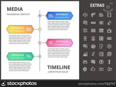 Media timeline infographic template, elements and icons. Infograph includes options with years, line icon set with global social media, user profile, tv broadcast, music note, microphone, camera etc.. Media infographic template, elements and icons.