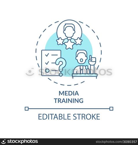 Media training turquoise concept icon. Communication process. Service of PR firm abstract idea thin line illustration. Isolated outline drawing. Editable stroke. Arial, Myriad Pro-Bold fonts used. Media training turquoise concept icon
