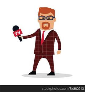 Media Worker Character Vector Illustration. Media worker character vector. Flat design. TV journalist, reporter illustration. Live broadcast, breaking news concept. Man in brown checkered suite with microphone. Isolated on white background.