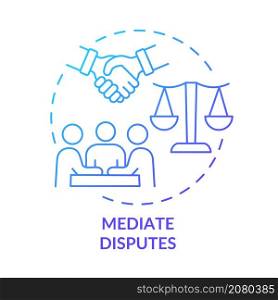 Mediate disputes blue gradient concept icon. Respectful discussion. Team communication abstract idea thin line illustration. Isolated outline drawing. Roboto-Medium, Myriad Pro-Bold fonts used. Mediate disputes blue gradient concept icon