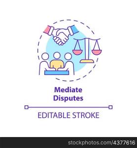 Mediate disputes concept icon. Respectful discussion in team abstract idea thin line illustration. Isolated outline drawing. Editable stroke. Roboto-Medium, Myriad Pro-Bold fonts used. Mediate disputes concept icon