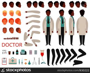 Medic animation. Doctor characters hospital medicine staff body parts and clothes vector creation kit. Doctor man constructor generator illustration. Medic animation. Doctor characters hospital medicine staff body parts and clothes vector creation kit