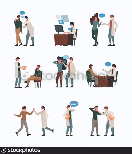 Medic dialogue. Patients talking with people doctor consulting garish vector flat illustrations set. Medical consultation and dialogue. Medic dialogue. Patients talking with people doctor consulting garish vector flat illustrations set