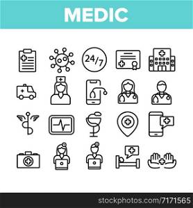 Medic Doctor And Nurse Collection Icons Set Vector. Hospital And Medic Case, Medical Diploma And Document, Virus And Cardiogram Concept Linear Pictograms. Monochrome Contour Illustrations. Medic Doctor And Nurse Collection Icons Set Vector
