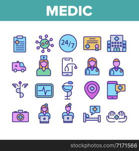 Medic Doctor And Nurse Collection Icons Set Vector. Hospital And Medic Case, Medical Diploma And Document, Virus And Cardiogram Concept Linear Pictograms. Color Contour Illustrations. Medic Doctor And Nurse Collection Icons Set Vector