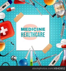 Medical Accessories Products Colorful Background Frame . Medical accessories and healthcare products frame composition background poster with first aid kit and pills vector illustration