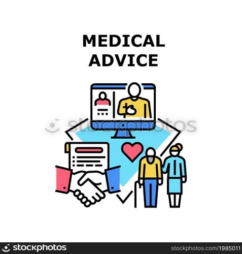 Medical Advice Vector Icon Concept. Doctor Medical Advice And Online Consultation, Patient Video Call With Hospital Worker For Advicing Health Treatment. Remote Support Color Illustration. Medical Advice Vector Concept Color Illustration