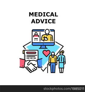 Medical Advice Vector Icon Concept. Doctor Medical Advice And Online Consultation, Patient Video Call With Hospital Worker For Advicing Health Treatment. Remote Support Color Illustration. Medical Advice Vector Concept Color Illustration