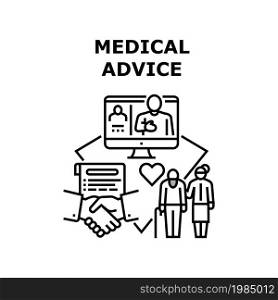 Medical Advice Vector Icon Concept. Doctor Medical Advice And Online Consultation, Patient Video Call With Hospital Worker For Advicing Health Treatment. Remote Support Black Illustration. Medical Advice Vector Concept Black Illustration