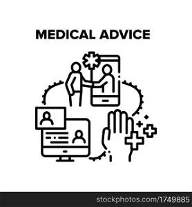 Medical Advice Vector Icon Concept. Medical Advice Examining And Consultation Patient Online, Expert Advisor Helping Illness People Phone And Computer Application Black Illustration. Medical Advice Vector Black Illustrations
