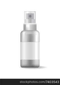 Medical aerosol bottle, sprayer container. Dispenser for cream or soups, throat illness remedy realistic medicine or cosmetic can template mock up vector. Medical Aerosol Bottle Sprayer Container Dispenser
